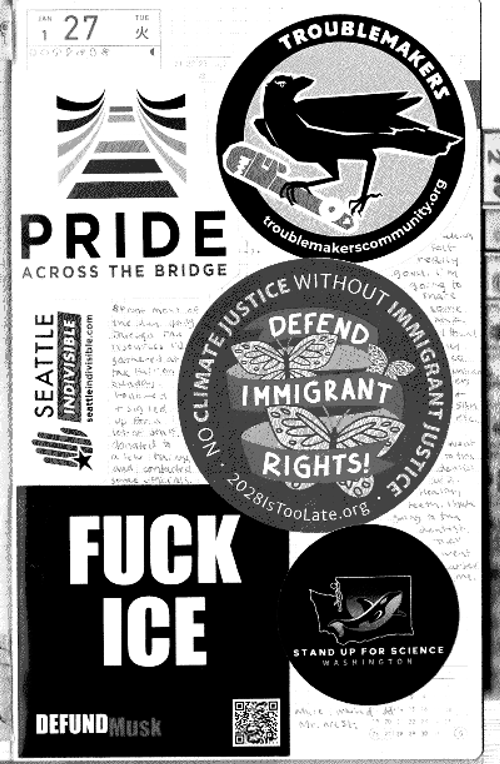 diary page with protest stickers